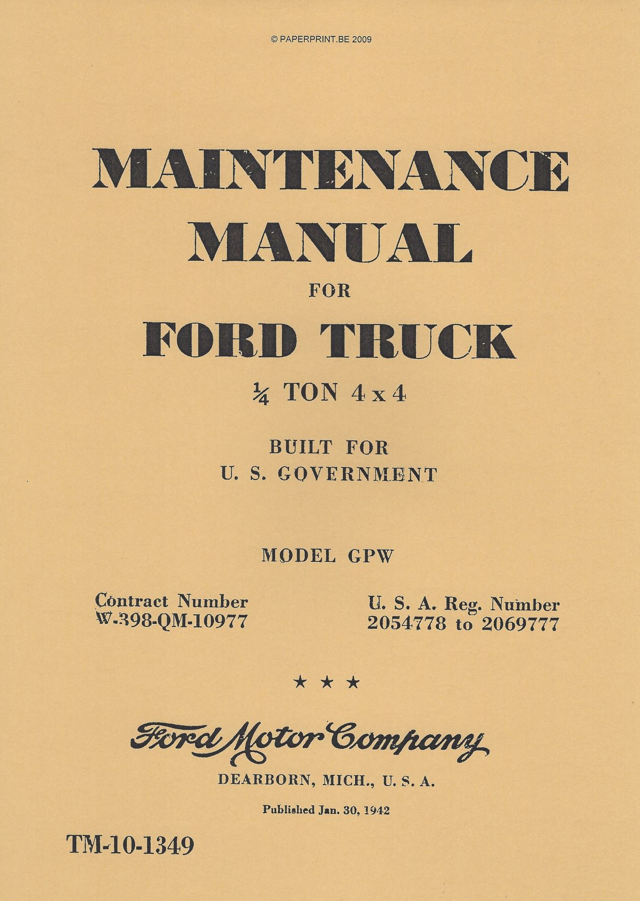 TM 10-1349 US MAINTENANCE MANUAL FOR FORD TRUCK ¼ TON 4x4